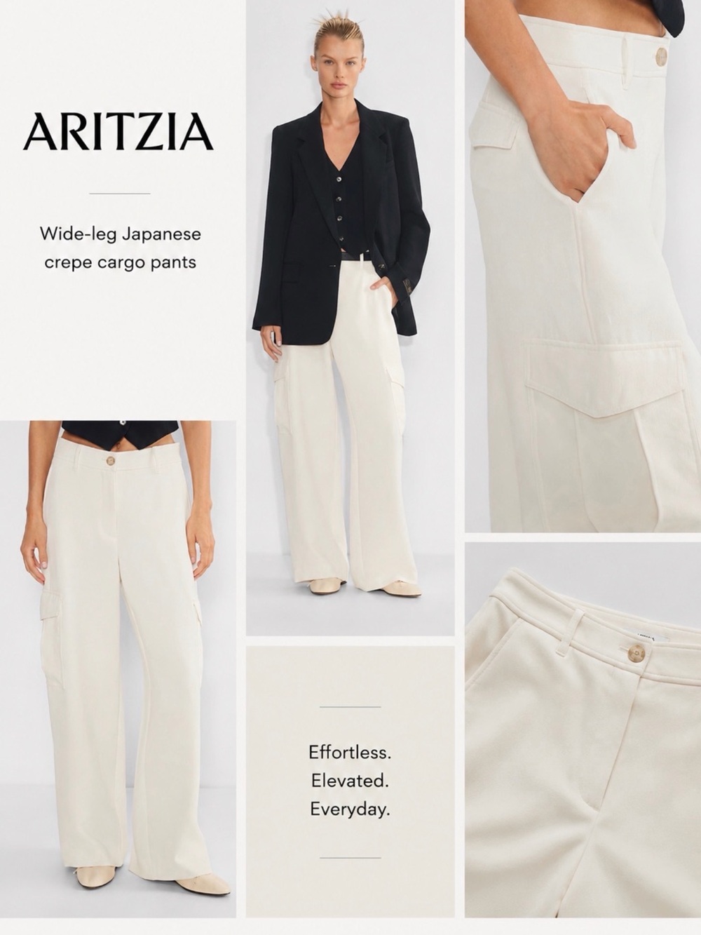 Aritzia Wide-Leg Japanese Crepe Cargo Pants — Cream size 8 matte pearl ✨